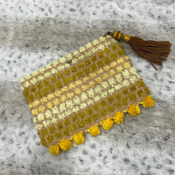 Sam Edelman Handbags - 🌻NWOT🌻Sam Edelman Boho Clutch With Bright Yellow Pom Pom Detail| Fringe Tassel